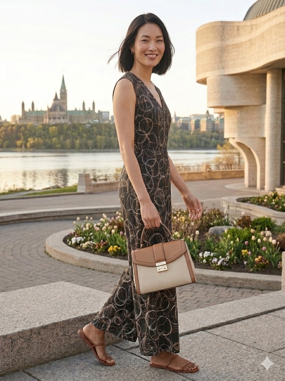 Joseph Ribkoff Black & Tan Printed Sleeveless Jumpsuit